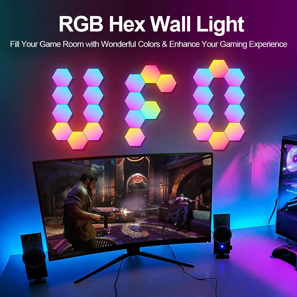 RGB Smart Hexagonal Wall Lamp Color changing Ambient Night Light DIY Shape Music Rhythm APP Game Room Bedroom Intelligent