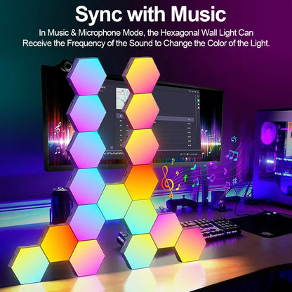 RGB Smart Hexagonal Wall Lamp Color changing Ambient Night Light DIY Shape Music Rhythm APP Game Room Bedroom Intelligent