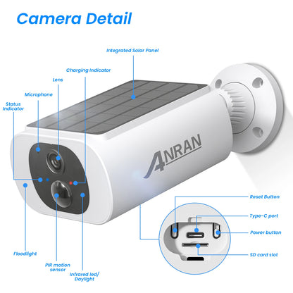 ANRAN Outdoor Solar Security Camera with Battery 3MP 2.4G WIFI Camera Battery Cloud Storage Color And Night Vision