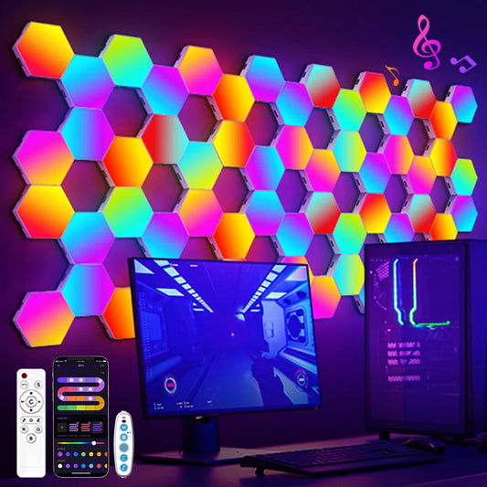 RGB Smart Hexagonal Wall Lamp Color changing Ambient Night Light DIY Shape Music Rhythm APP Game Room Bedroom Intelligent