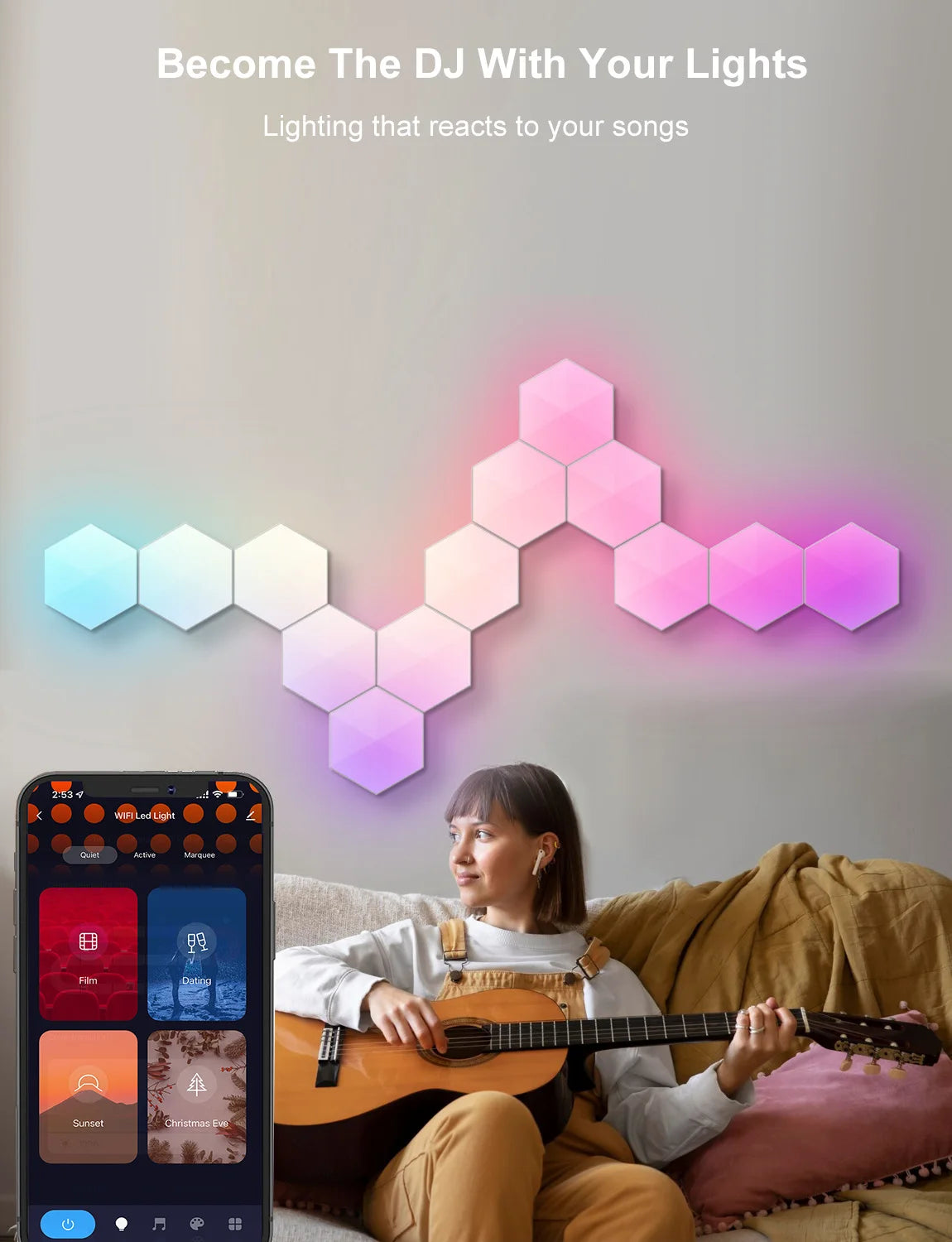 RGB Smart Hexagonal Wall Lamp Color changing Ambient Night Light DIY Shape Music Rhythm APP Game Room Bedroom Intelligent