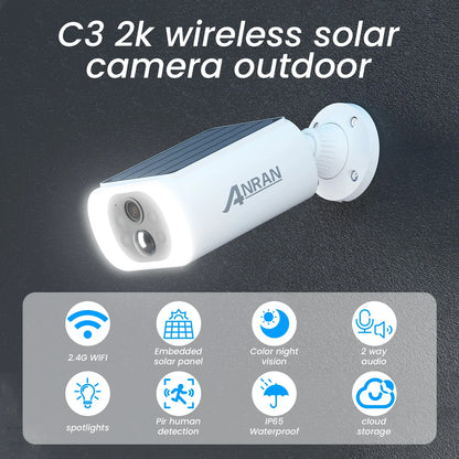 ANRAN Outdoor Solar Security Camera with Battery 3MP 2.4G WIFI Camera Battery Cloud Storage Color And Night Vision