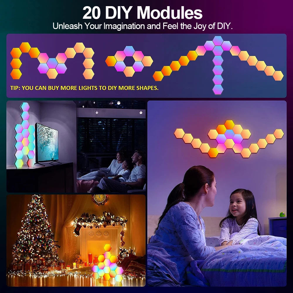 RGB Smart Hexagonal Wall Lamp Color changing Ambient Night Light DIY Shape Music Rhythm APP Game Room Bedroom Intelligent