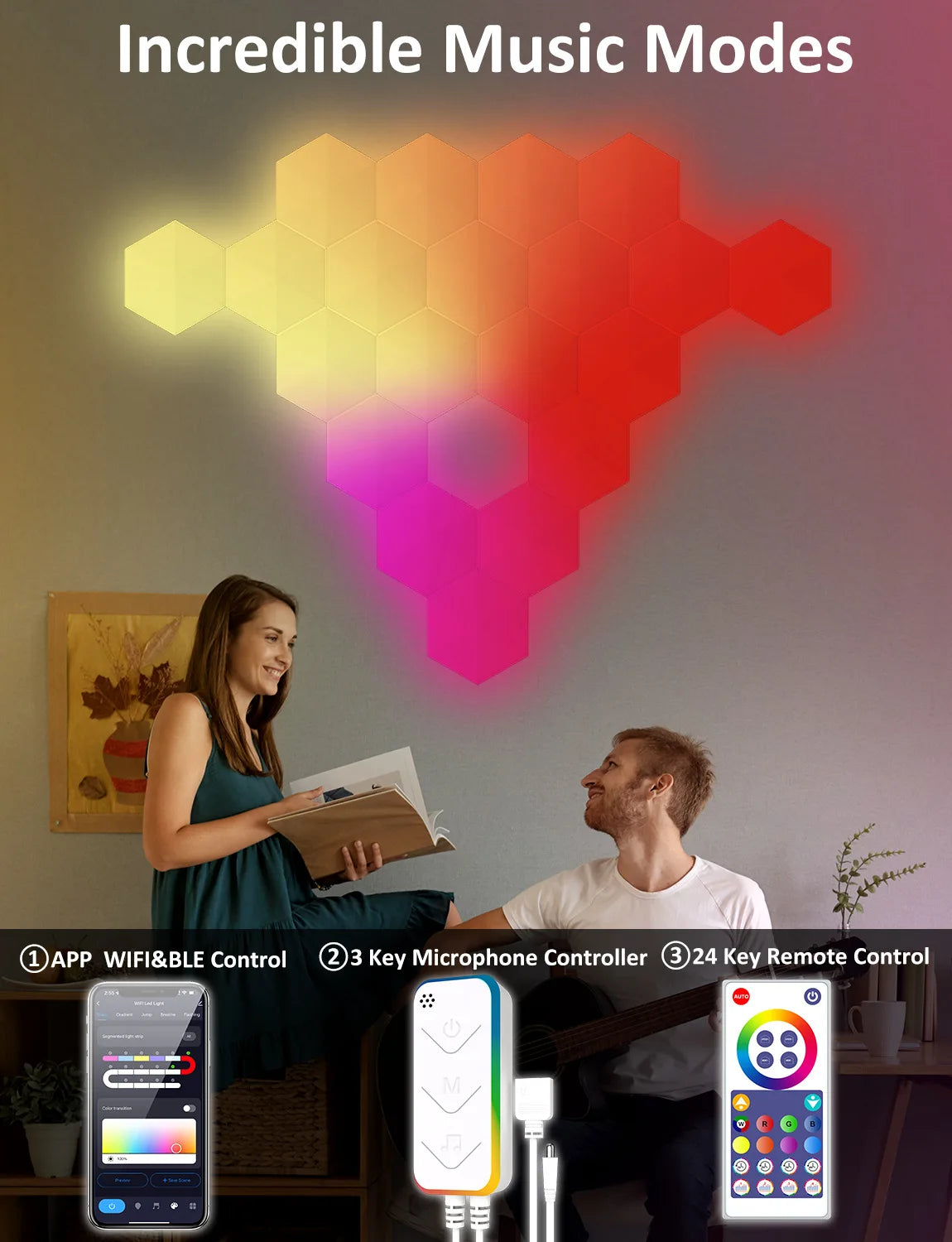 RGB Smart Hexagonal Wall Lamp Color changing Ambient Night Light DIY Shape Music Rhythm APP Game Room Bedroom Intelligent