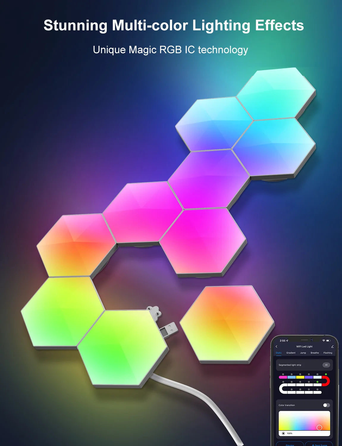 RGB Smart Hexagonal Wall Lamp Color changing Ambient Night Light DIY Shape Music Rhythm APP Game Room Bedroom Intelligent